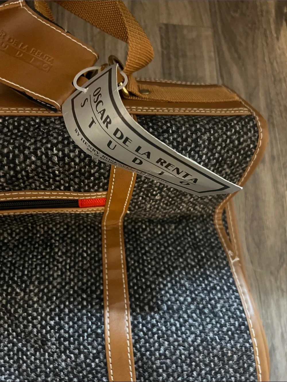 Three-Piece vintage Oscar De LaRenta Travel Bag Set Black tweed with Tan Trim